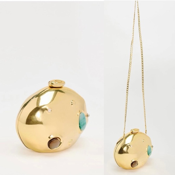 Zara Handbags - ZARA  METALLIC MINAUDIÈRE Stone Encrusted Gold Clutch Bag with chain